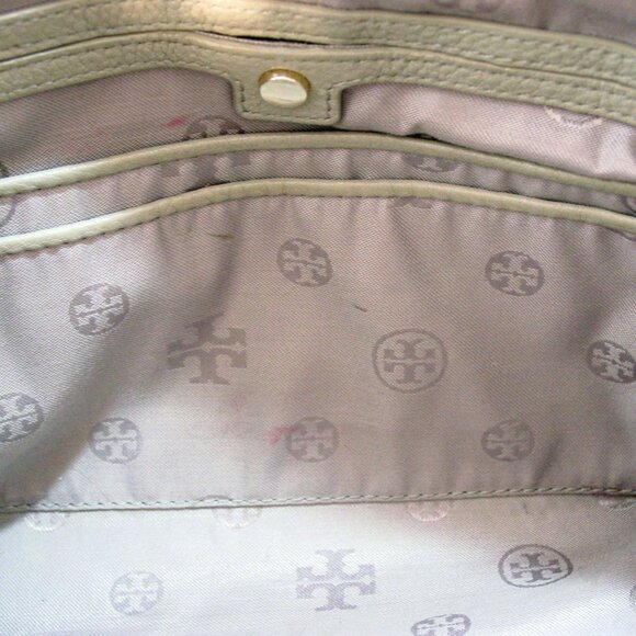TORY BURCH Marion $495 Pebbled Taupe Leather Whipstitch Chain Tote Shoulder Bag - Picture 10 of 12